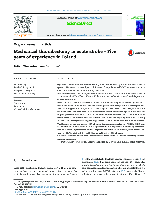 (PDF) Mechanical thrombectomy in acute stroke - Five years of ...