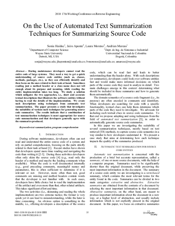 (PDF) On the Use of Automated Text Summarization Techniques for ...