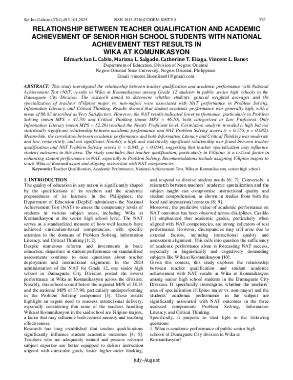 (PDF) RELATIONSHIP BETWEEN TEACHER QUALIFICATION AND ACADEMIC ...