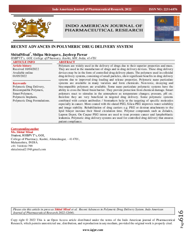 (PDF) Recent Advances in Polymeric Drug Delivery System