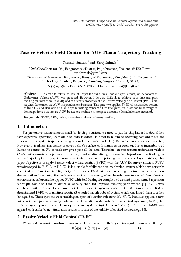 (PDF) Passive Velocity Field Control for AUV Planar Trajectory Tracking