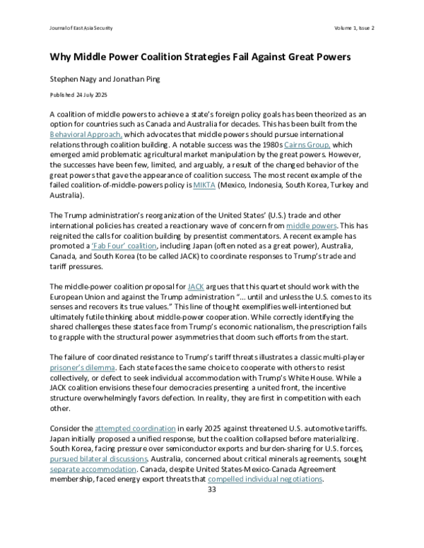 (PDF) Why middle power coalition strategies fail against great powers