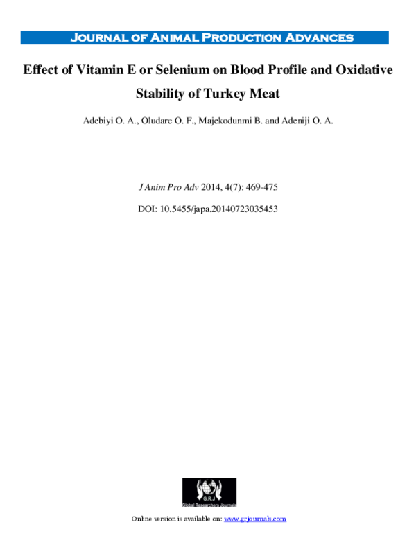 (PDF) Effect of Vitamin E or Selenium on Blood Profile and Oxidative ...