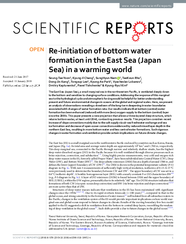 (PDF) Re-initiation of bottom water formation in the East Sea (Japan ...