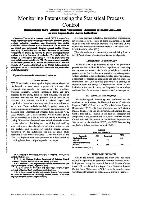 (PDF) Monitoring Patents Using The Statistical Process Control