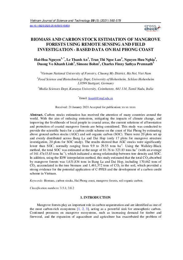 (PDF) Biomass and Carbon Stock Estimation of Coastal Mangroves at Hai ...