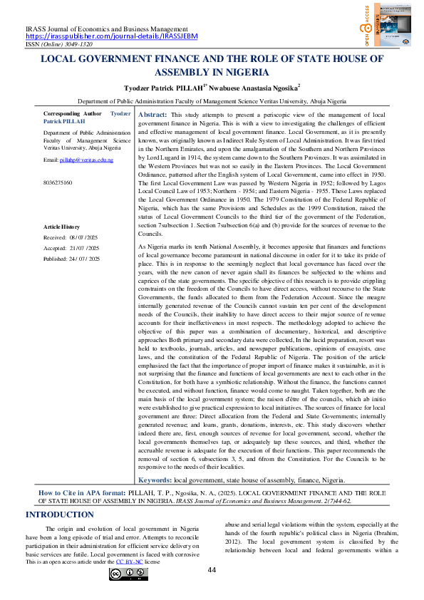(PDF) LOCAL GOVERNMENT FINANCE AND THE ROLE OF STATE HOUSE OF ASSEMBLY ...