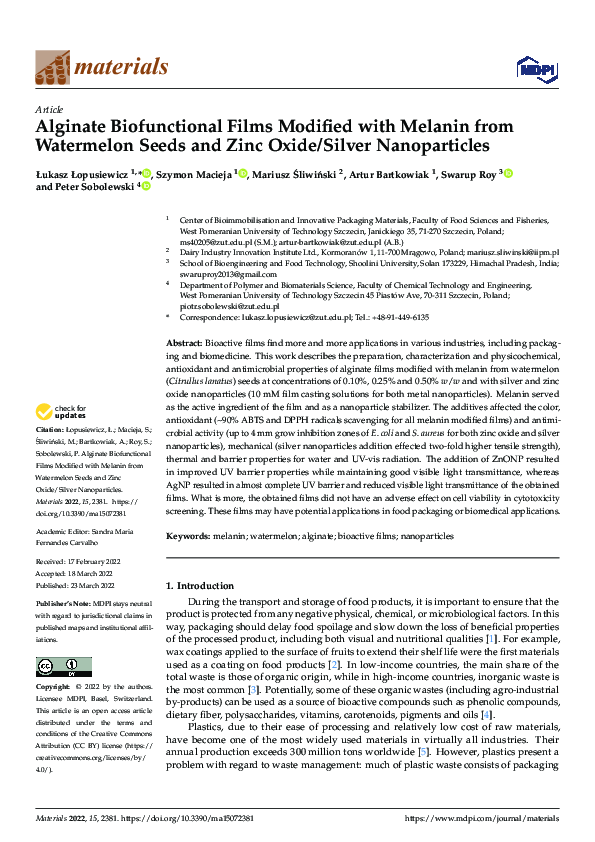 (PDF) Alginate Biofunctional Films Modified with Melanin from ...