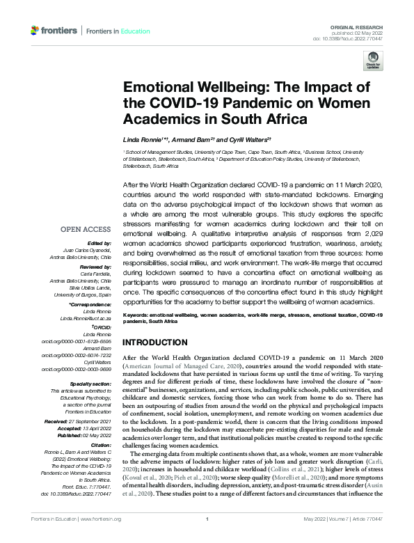 (PDF) Emotional Wellbeing: The Impact of the COVID-19 Pandemic on Women ...