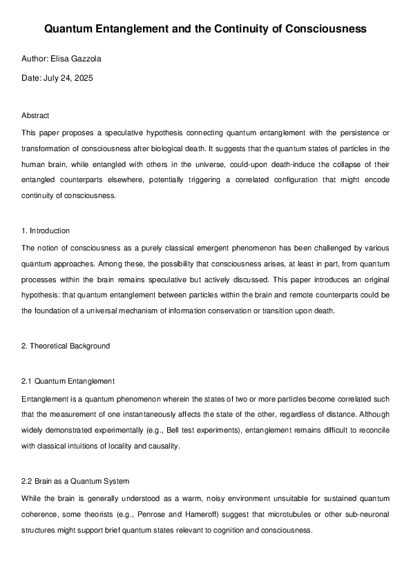 (PDF) Quantum Entanglement and the Continuity of Consciousness