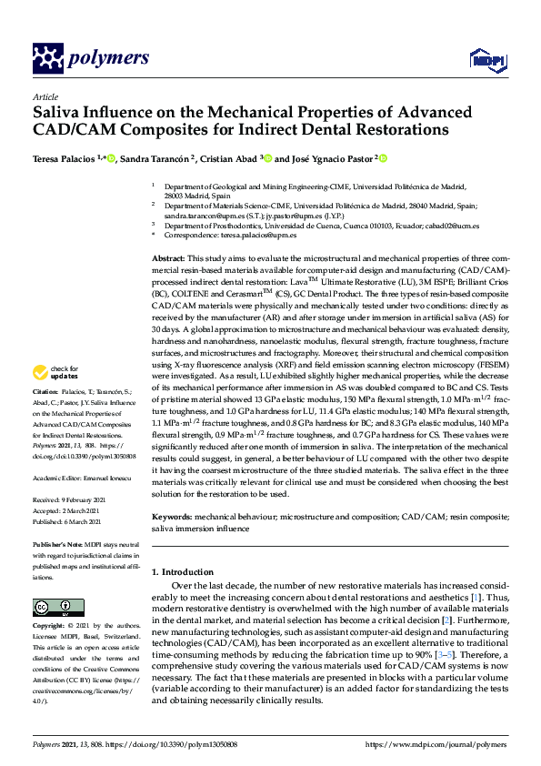 (PDF) Saliva Influence on the Mechanical Properties of Advanced CAD/CAM ...