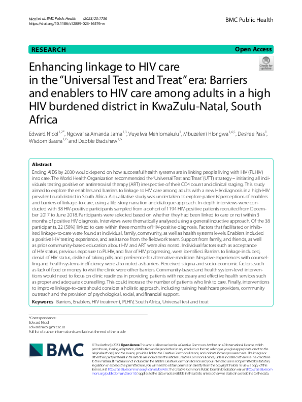 (PDF) Enhancing linkage to HIV care in the “Universal Test and Treat ...