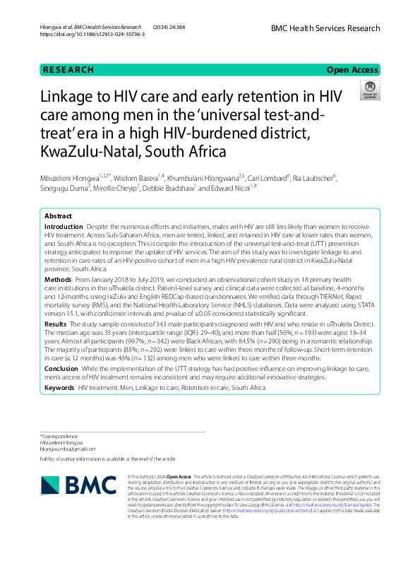 (PDF) Linkage to HIV care and early retention in HIV care among men in ...