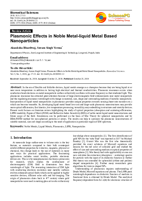 (PDF) Sensoric applications based on plasmonic effects at metal ...