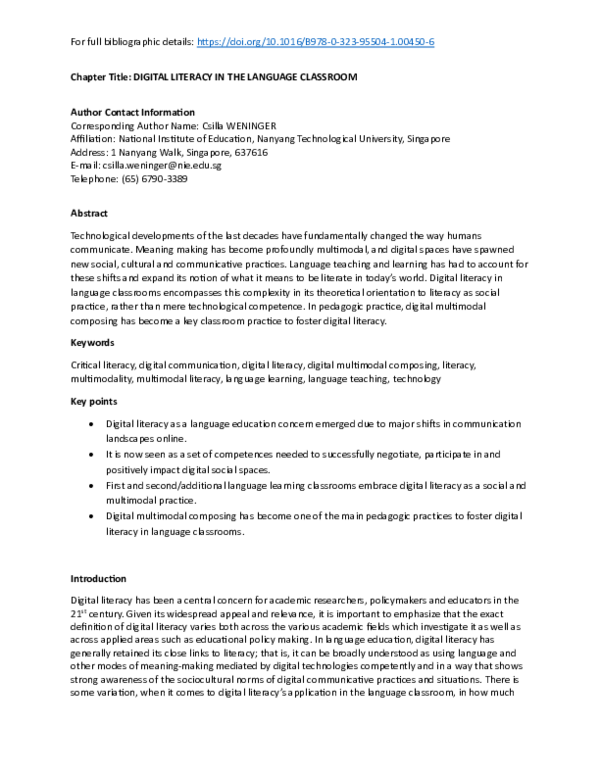 (PDF) DIGITAL LITERACY IN THE LANGUAGE CLASSROOM