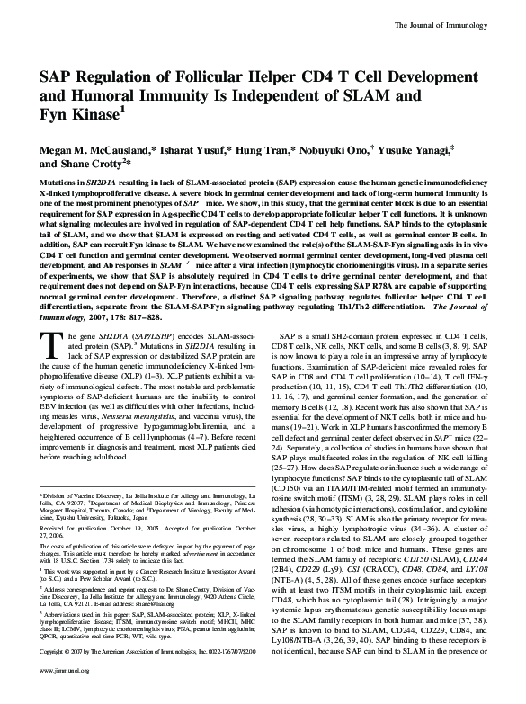 (PDF) SAP Regulation of Follicular Helper CD4 T Cell Development and ...