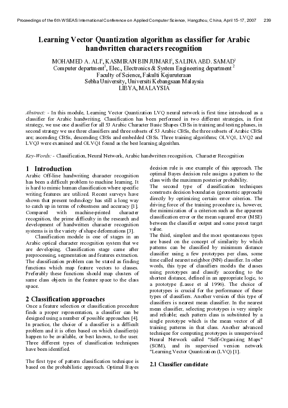 (PDF) Learning Vector Quantization algorithm as classifier for Arabic ...
