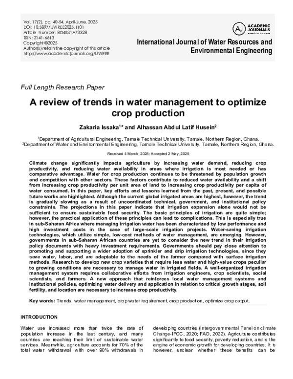 (PDF) A review of trends in water management to optimize crop production