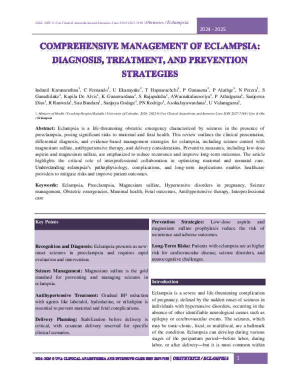 (PDF) MANAGEMENT OF ECLAMPSIA DIAGNOSIS TREATMENT AND PREVENTION