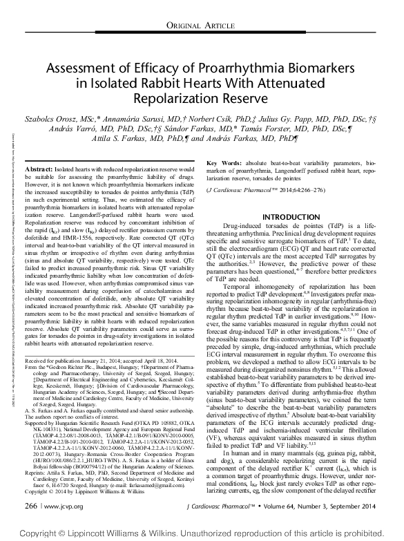 (PDF) Assessment of efficacy of proarrhythmia biomarkers in isolated ...