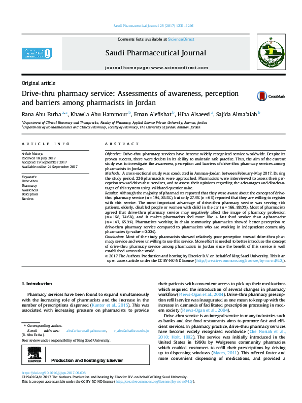 (PDF) Drive-thru pharmacy service: Assessments of awareness, perception ...