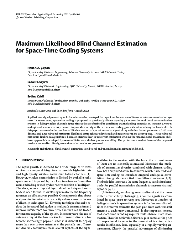 (PDF) Maximum Likelihood Blind Channel Estimation for Space-Time Coding ...