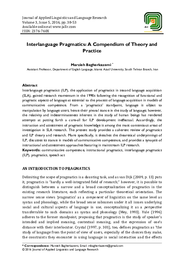 PDF) Interlanguage Pragmatics: A Compendium of Theory and Practice