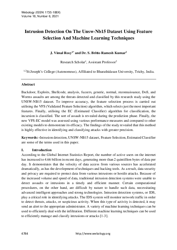 (PDF) Intrusion Detection On The Unsw-Nb15 Dataset Using Feature ...