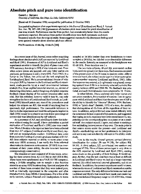 (PDF) Absolute pitch and pure tone identification