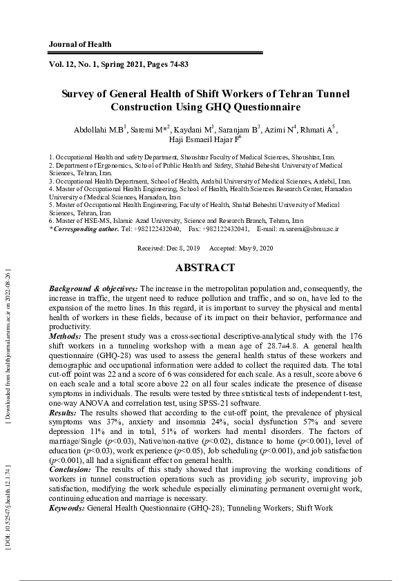 (PDF) Survey of General Health of Shift Workers of Tehran Tunnel ...