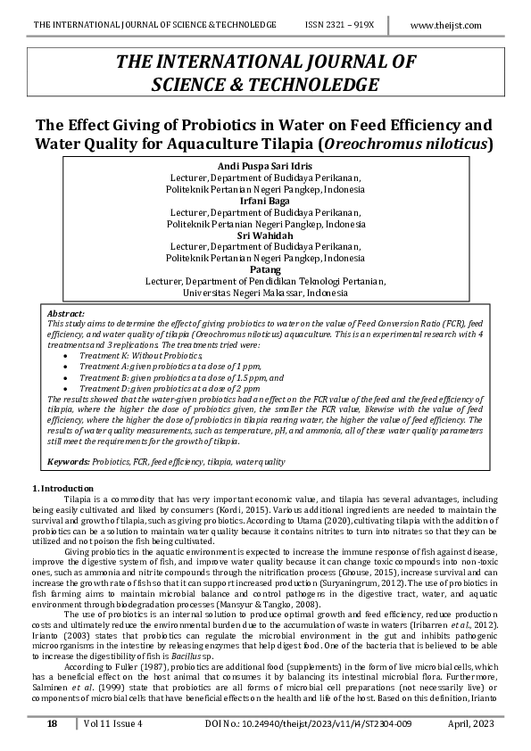 (PDF) The Effect Giving of Probiotics in Water on Feed Efficiency and ...