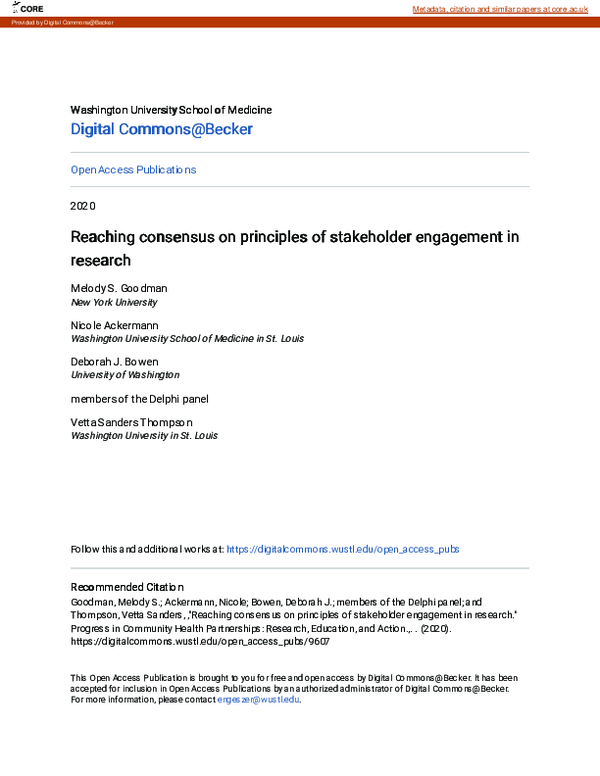 (PDF) Reaching Consensus on Principles of Stakeholder Engagement in ...