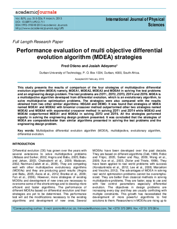 (PDF) Performance evaluation of multi objective differential evolution ...
