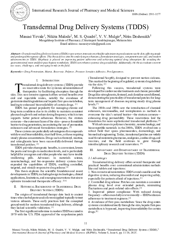 (PDF) Transdermal Drug Delivery Systems (TDDS