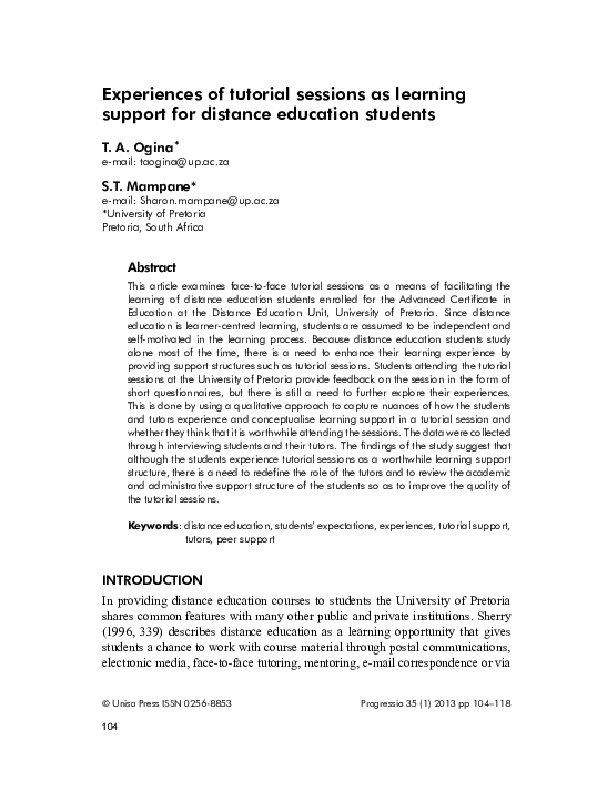 (PDF) Experiences of tutorial sessions as learning support for distance ...