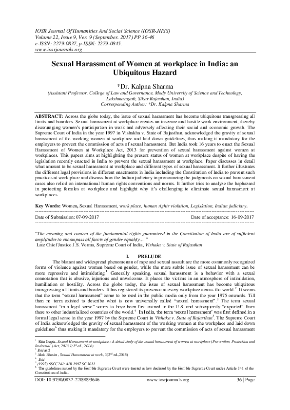 (PDF) Sexual Harassment of Women at workplace in India: an Ubiquitous ...
