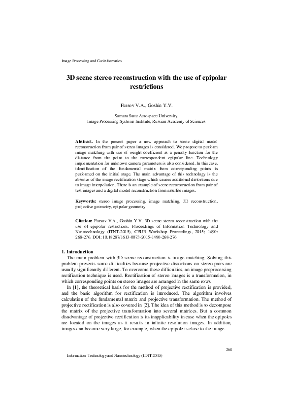 (PDF) 3D scene stereo reconstruction with the use of epipolar restrictions