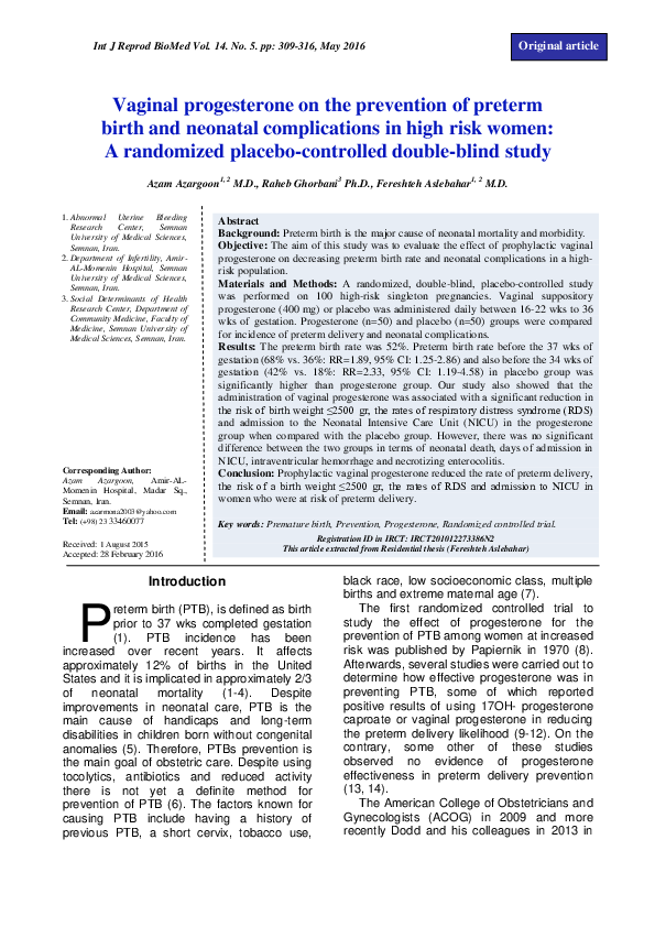 (PDF) Vaginal progesterone on the prevention of preterm birth and ...