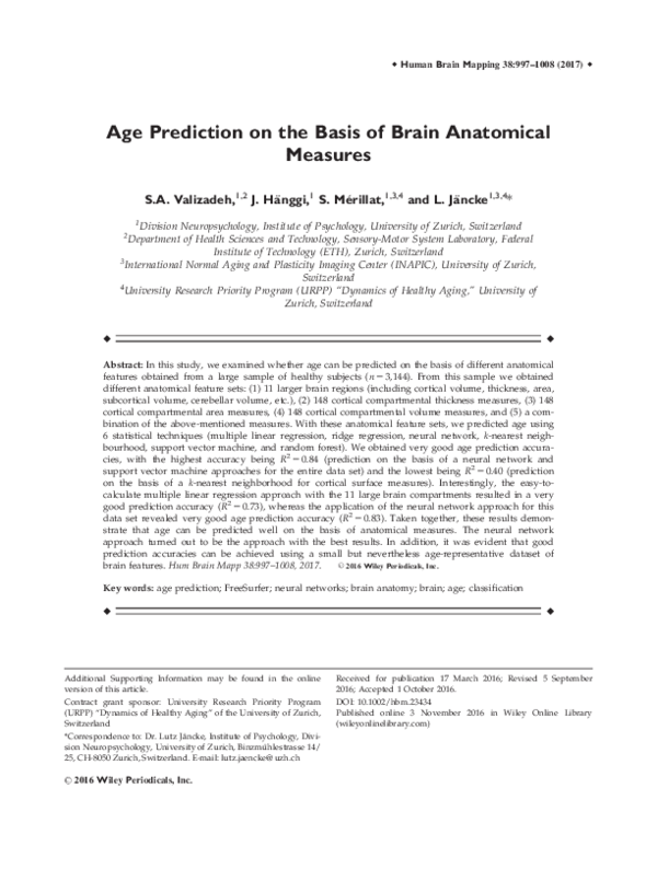 (PDF) Age prediction on the basis of brain anatomical measures