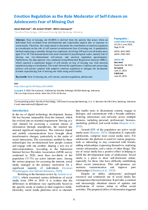 (PDF) Emotion Regulation as the Role Moderator of Self-Esteem on ...