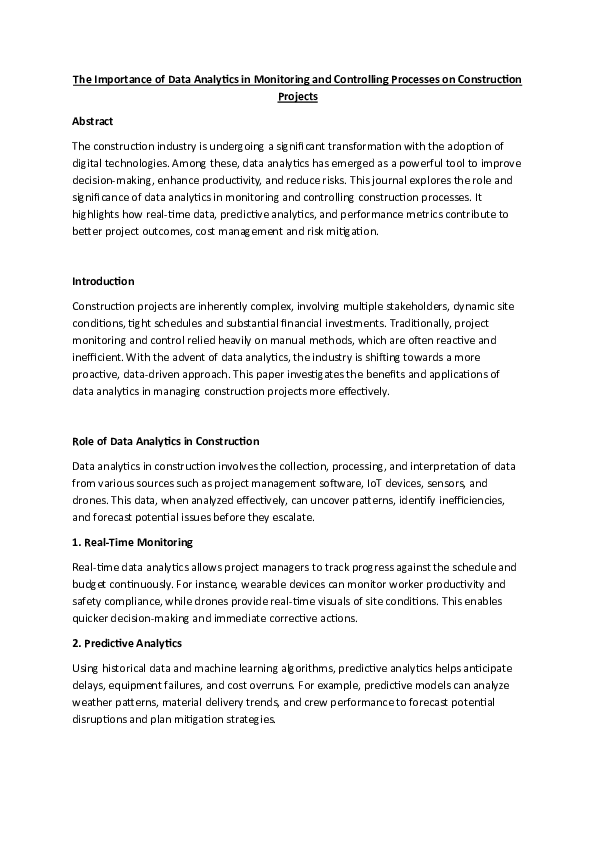 (PDF) The Importance of Data Analytics in Monitoring and Controlling ...