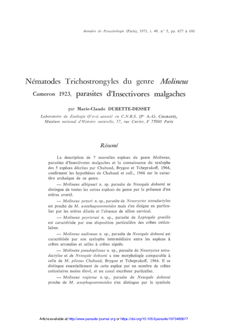 (PDF) Nématodes Trichostrongyles du genre Molineus Cameron 1923 ...