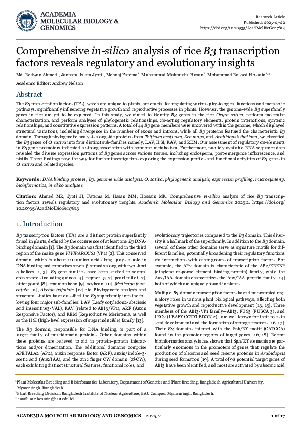 (PDF) Comprehensive in-silico analysis of rice B3 transcription factors ...