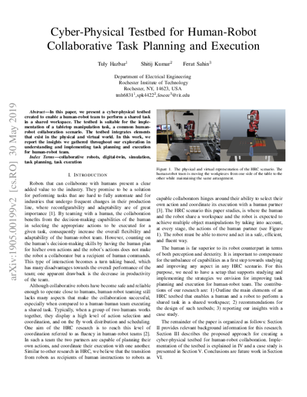 (PDF) Cyber-Physical Testbed for Human-Robot Collaborative Task ...