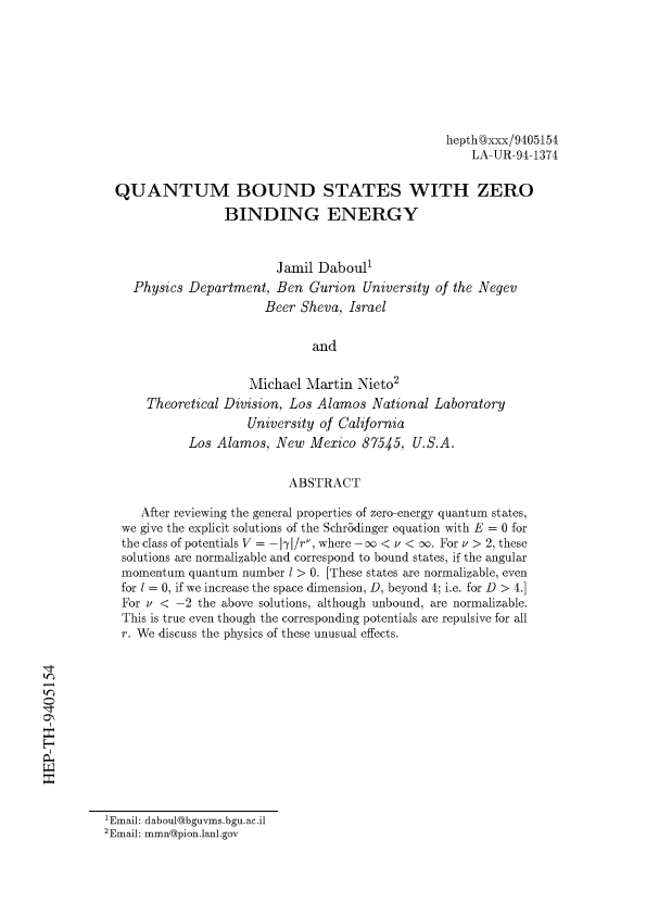 (PDF) Quantum bound states with zero binding energy