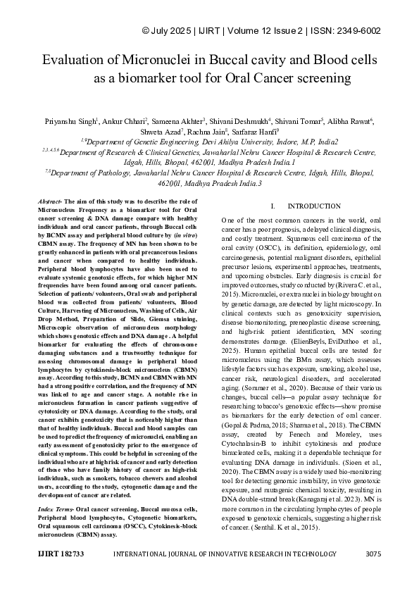 (PDF) Evaluation of Micronuclei in Buccal cavity and Blood cells as a ...
