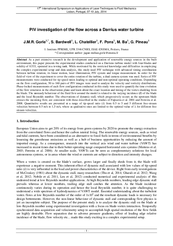 (PDF) PIV investigation of the flow across a Darrius water turbine