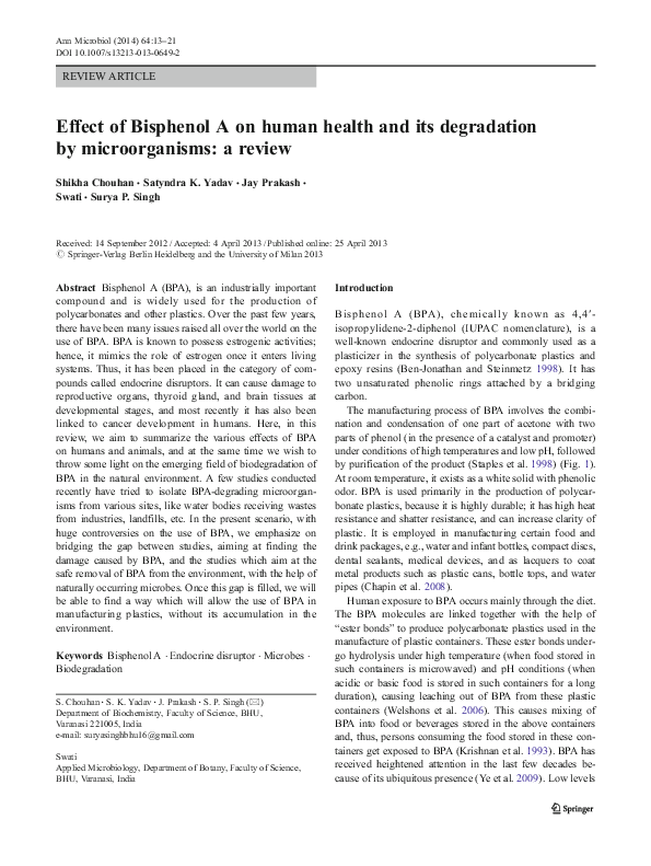 (PDF) Effect of Bisphenol A on human health and its degradation by ...