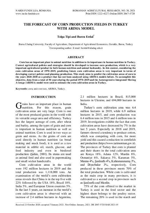 (PDF) The Forecast of Corn Production Fields in Turkey with Arima Model