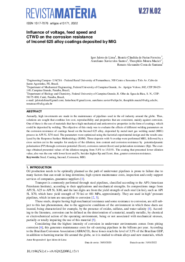 (PDF) Influence of voltage, feed speed and CTWD on the corrosion ...
